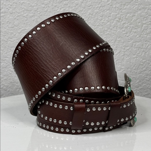 SHYANNE WOMENS BROWN LEATHER SILVER TURQUOISE BUCKLE STUDDED WIDE WESTERN BELT main image 7